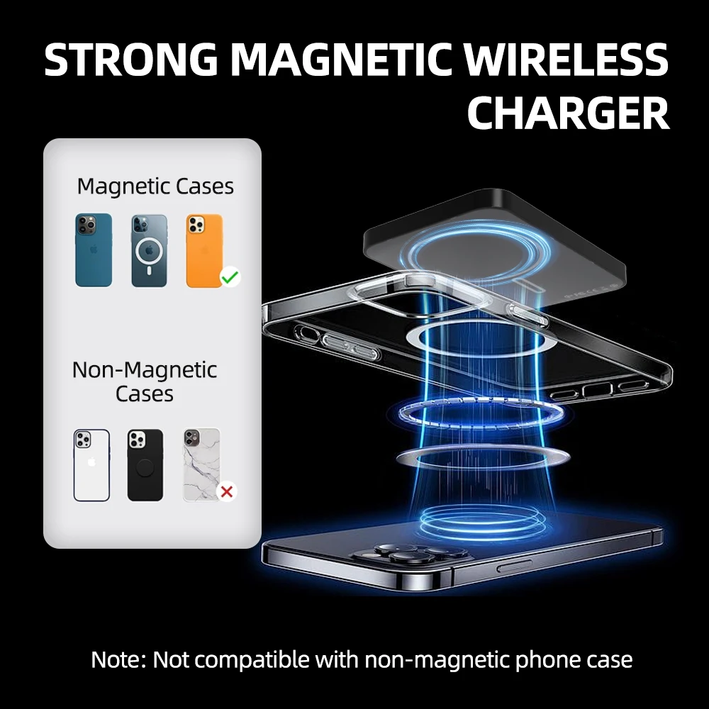 자석 휴대용 충전기 5000mAh: 0.3인치 초슬림, 딱 맞는 디자인. 무선, 아이폰 16/15/14/13/12 시리즈 호환, 블랙.