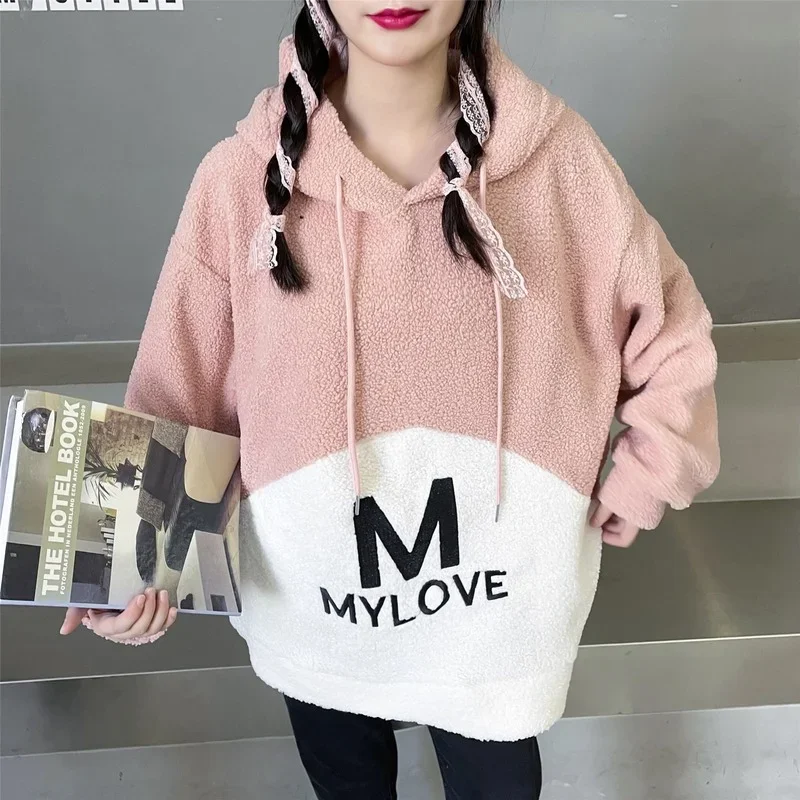 Women Autumn Winter Korean Style Loose Casual Sweatshirt Lamb Hair Plus Velvet Padded Hooded Pullover Letter Print Jumper Tops