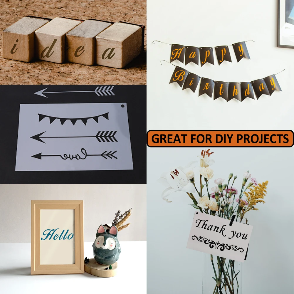 재사용 가능한 원단 그림 그리기 템플릿, DIY 나무 벽 베란다 미술 공예, 문자 스텐실 알파벳 번호 그리기, 45PCs/팩