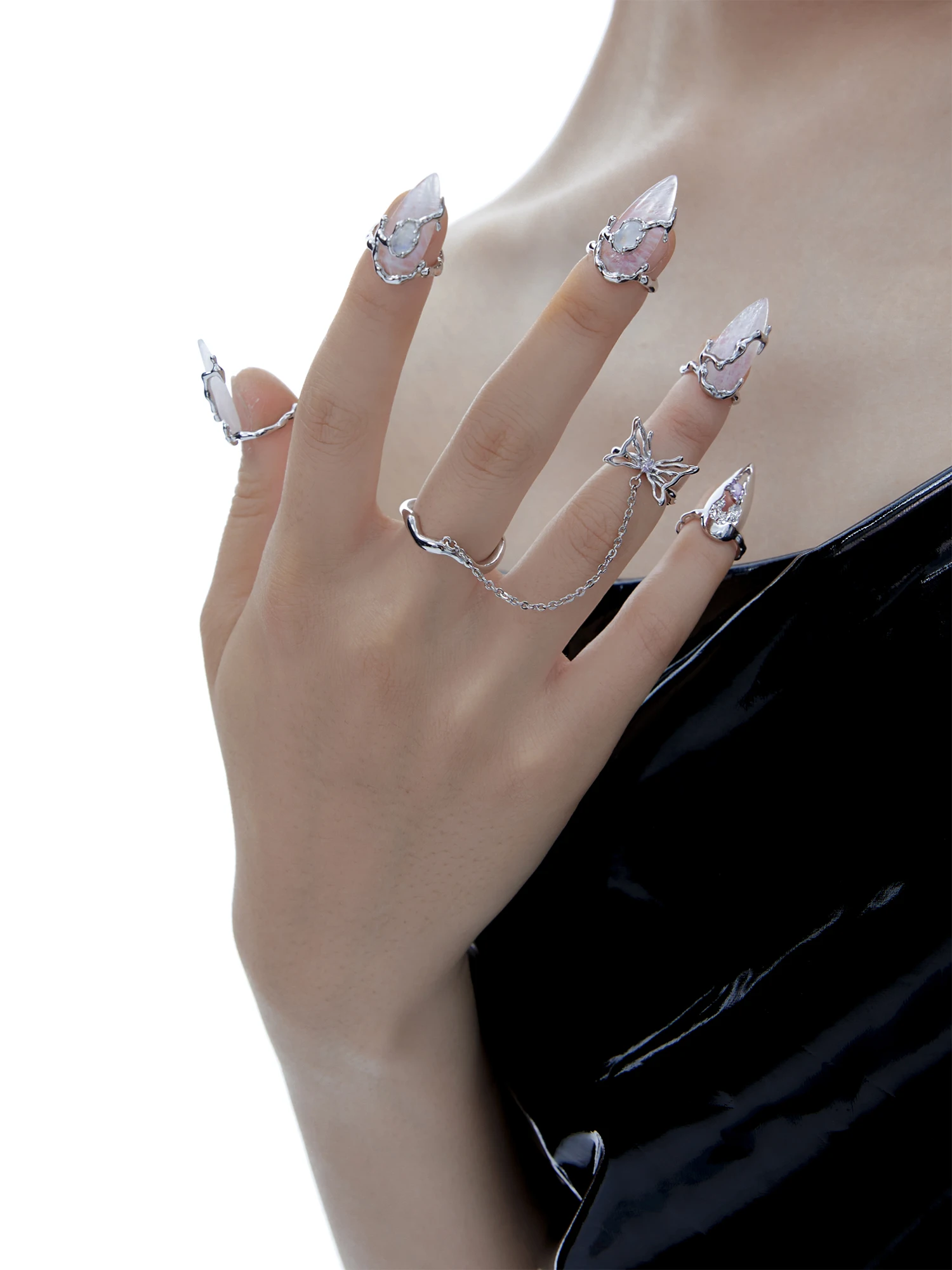 女性のための透明なネイルアーマーリング,樹脂と蝶,ラインストーン付き