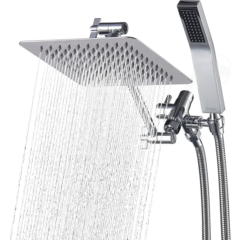 All Metal 8" Dual Square Shower Head Combo Rain Shower Head Handheld Wand Adjustable Smooth 3-Way Diverter Chrome shower head,shower diverter valve