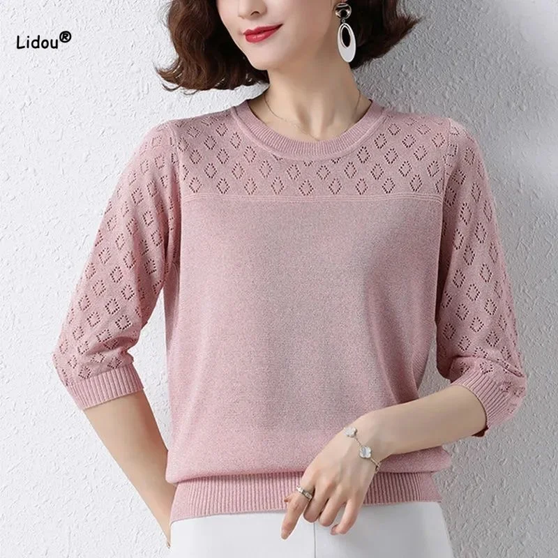 

2024 Summer Solid Color Hollow Out Casual T-shirt T-shirt Women's Clothing Fashion All-match Female Half Sleeve Pullovers Tops