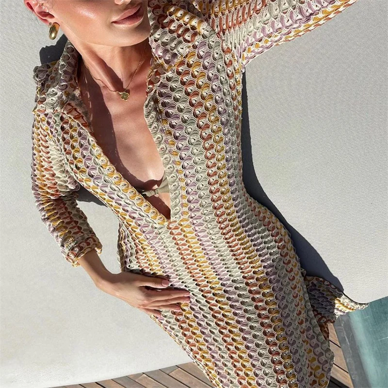 Crochet Dress y2k Clothes Women Geometric Print Turn Down Collar Long Sleeve Long Dresses Vintage Beach Party Dresses