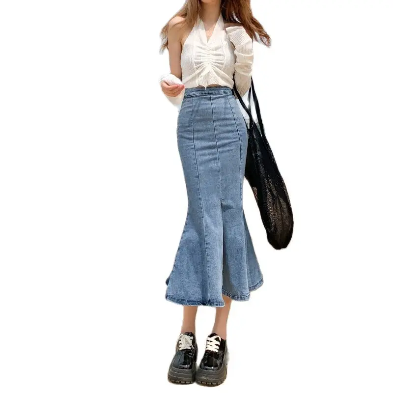 

Female denim skirt high-waisted split front frill skirt Fish tail skirt flounce hem