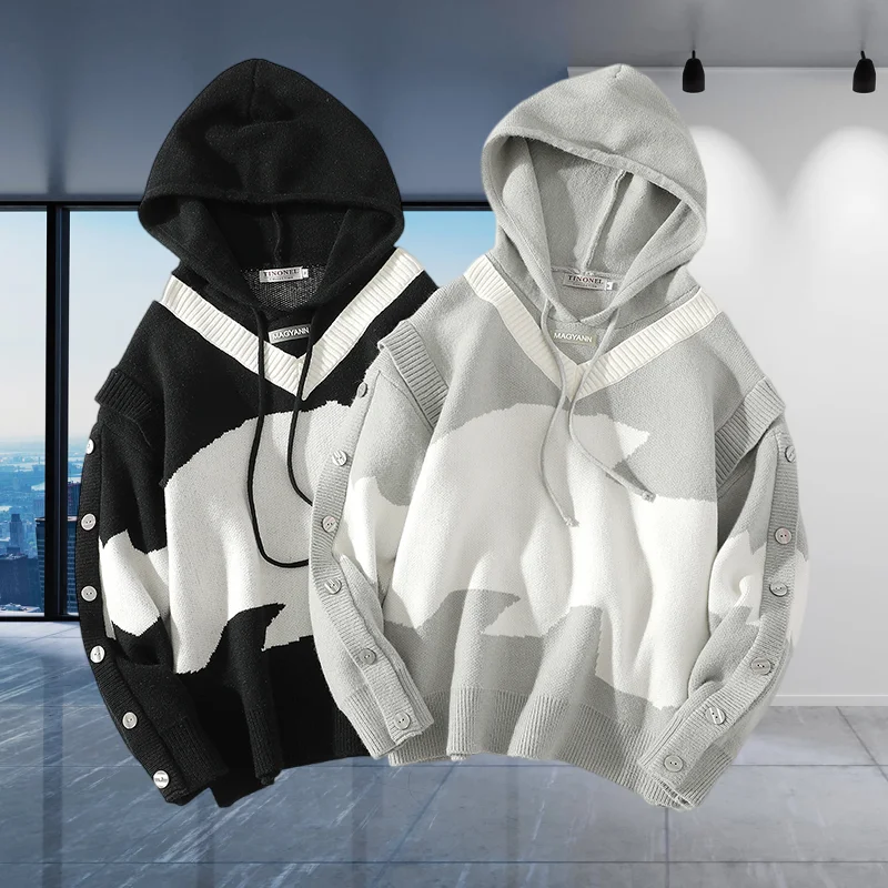 GIOIO men's hoodie, new spring and autumn color matching knitted hooded sweater, fashionable knitted sweater pullover top jacket
