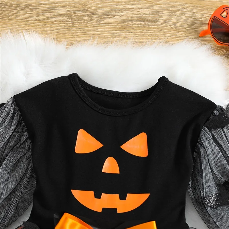 Cute Toddler Girl s Halloween Costume Long Sleeve Dress with Spooky Bat Print and Mesh Yarn Detail A-line Dress