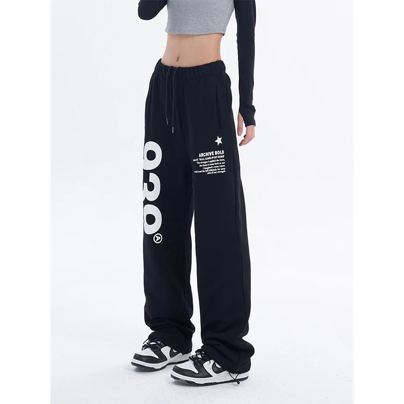

2023 Women Fashion Letters Print Harajuku Black Pants Casual White Elastic Waist Hippie Joggers Trousers Long Sweatpants Y2K
