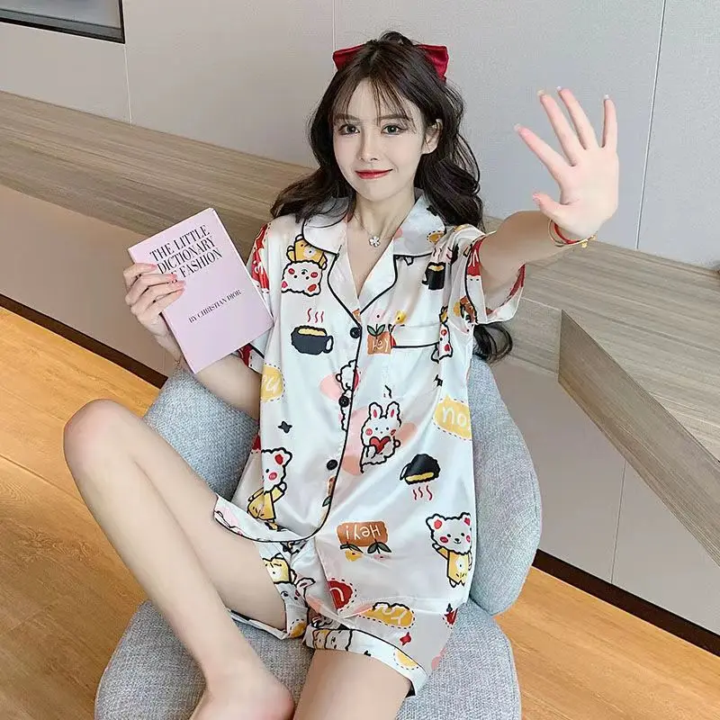 

Young Girls Kawaii Pajama Set Summer Nightgowns Ice Silk Thin Sleepwear Homesuit Short Home Clothing Cute Cartoon Bear Bunny Ins