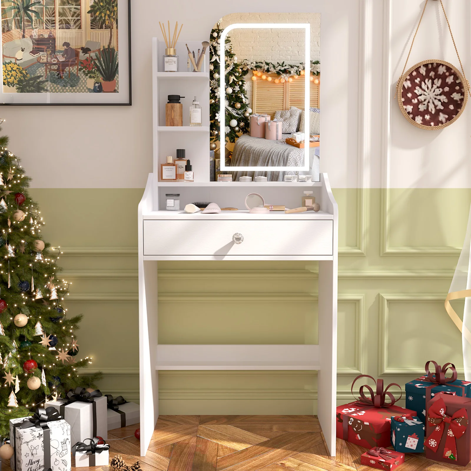 White Dressing Table with Dimmable LED Mirror Makeup Vanity Desk with Storage