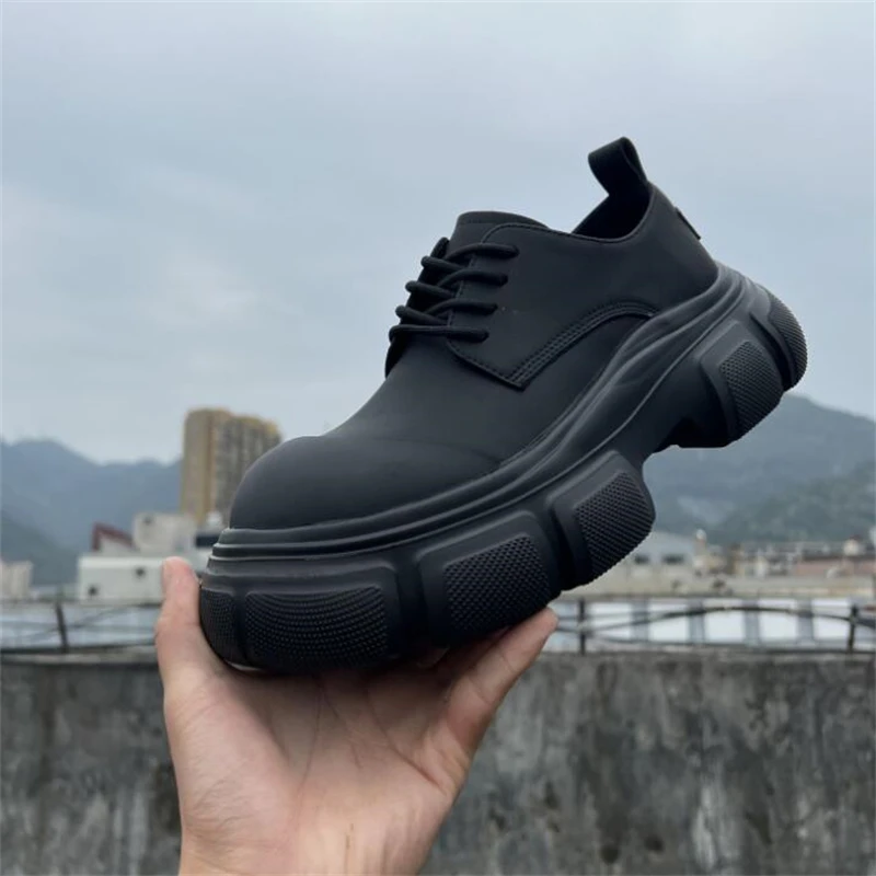 

Black Training Shoes Men Design Thick Sole Heightening Derby Shoes Youth Sneakers Casual Luxury Leather Shoes Male 3C