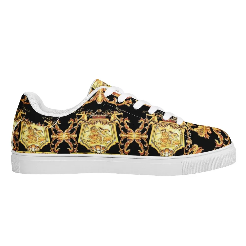 Noisydesigns Luxury Women's Flats Pu Leather Shoes Couple Golden Floral Sneakers Men Vintage Casual For Party Travel