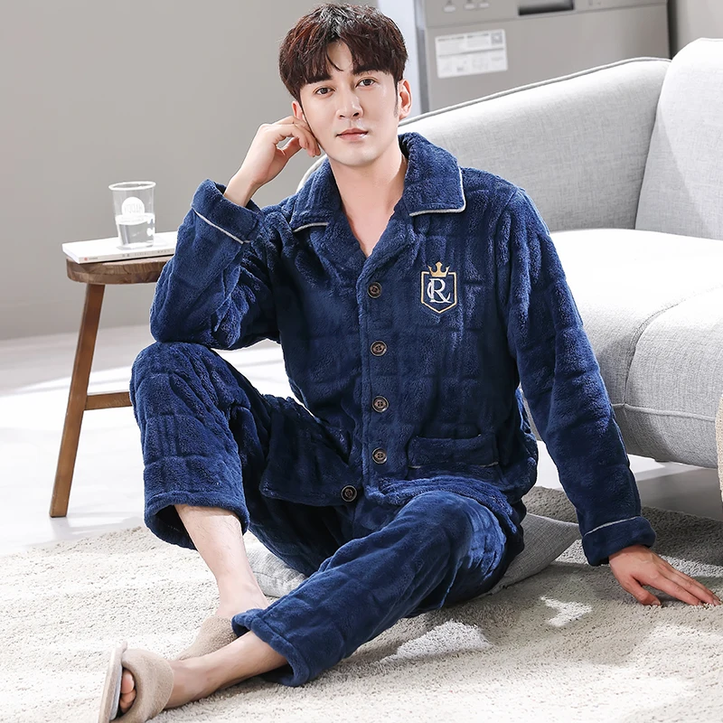 겨울 잠옷 남성용 두꺼운 산호 양털 잠옷 세트 따뜻한 잠옷 플란넬 남성용 잠옷 세트 캐주얼 홈웨어 피자마 L-3XL