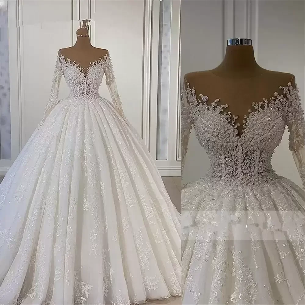 

Luxury Ball Gown Wedding Dresses Custom Made Bridal Lace Appliques Jewel Neck Long Sleeves Illusion Crystal Beading Floor Length