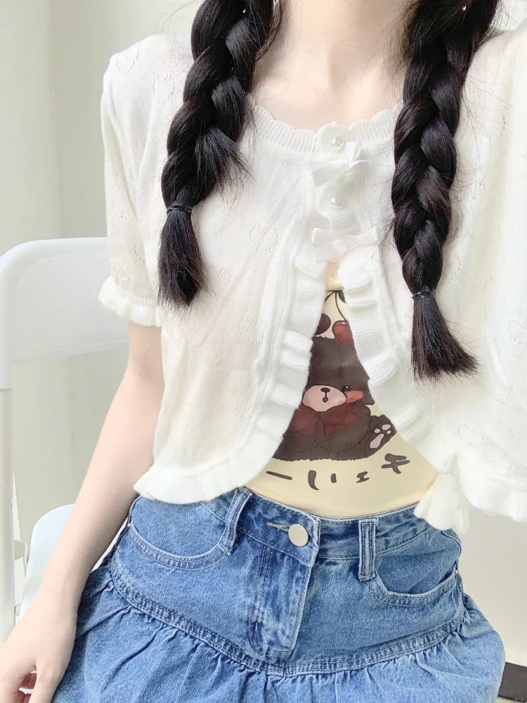 Cute Knitted Cardigan Women Pearl Button Bow Decoration Heart Hollow Out Short Sweater for Sweet Girl Kawaii Clothes