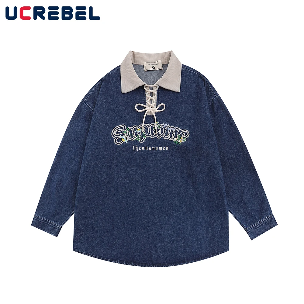 

Letter Embroidery Denim Polo Shirt Mens Autumn Casual Washed Contrast Lapel Loose Long Sleeve Top Men