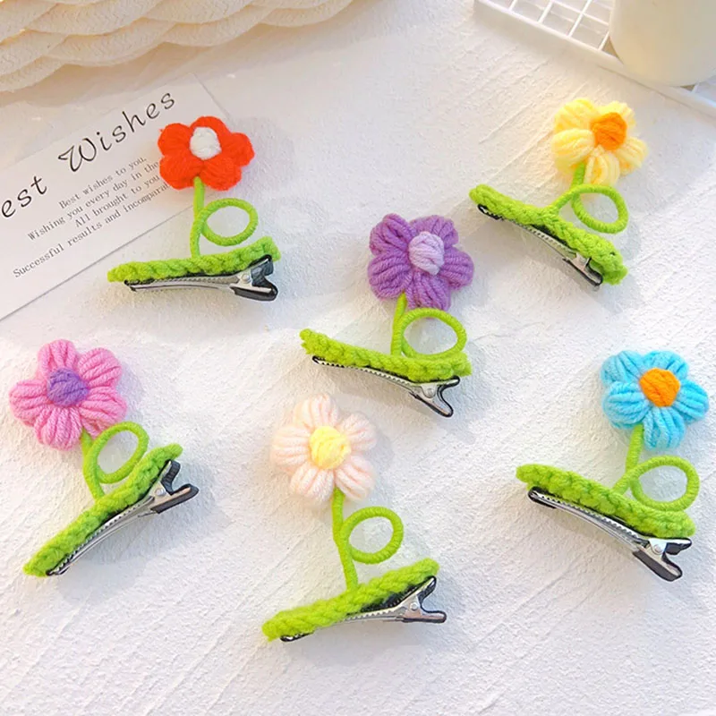 Children Flower Hair Clips Handmade Knitting Wool Hairpin Alligator Clips for Girls Sweet Barrettes Kids Headwear Accessories