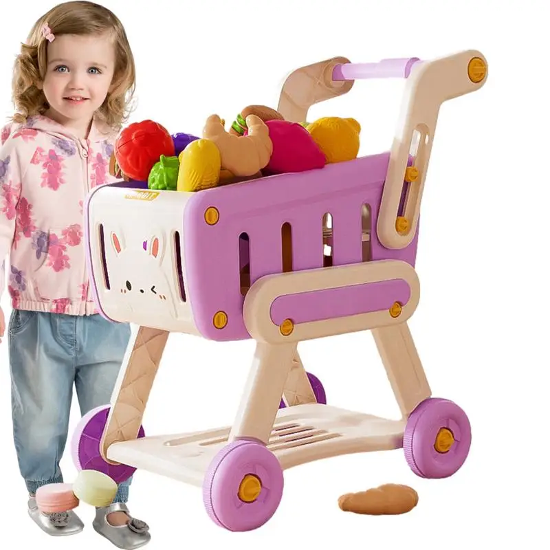 Shopping Cart Toy Pretend Play Shopping supermarket Handcart Toy Fruits and Vegetables Shopping Cart Trolley  for kids 3+ 2