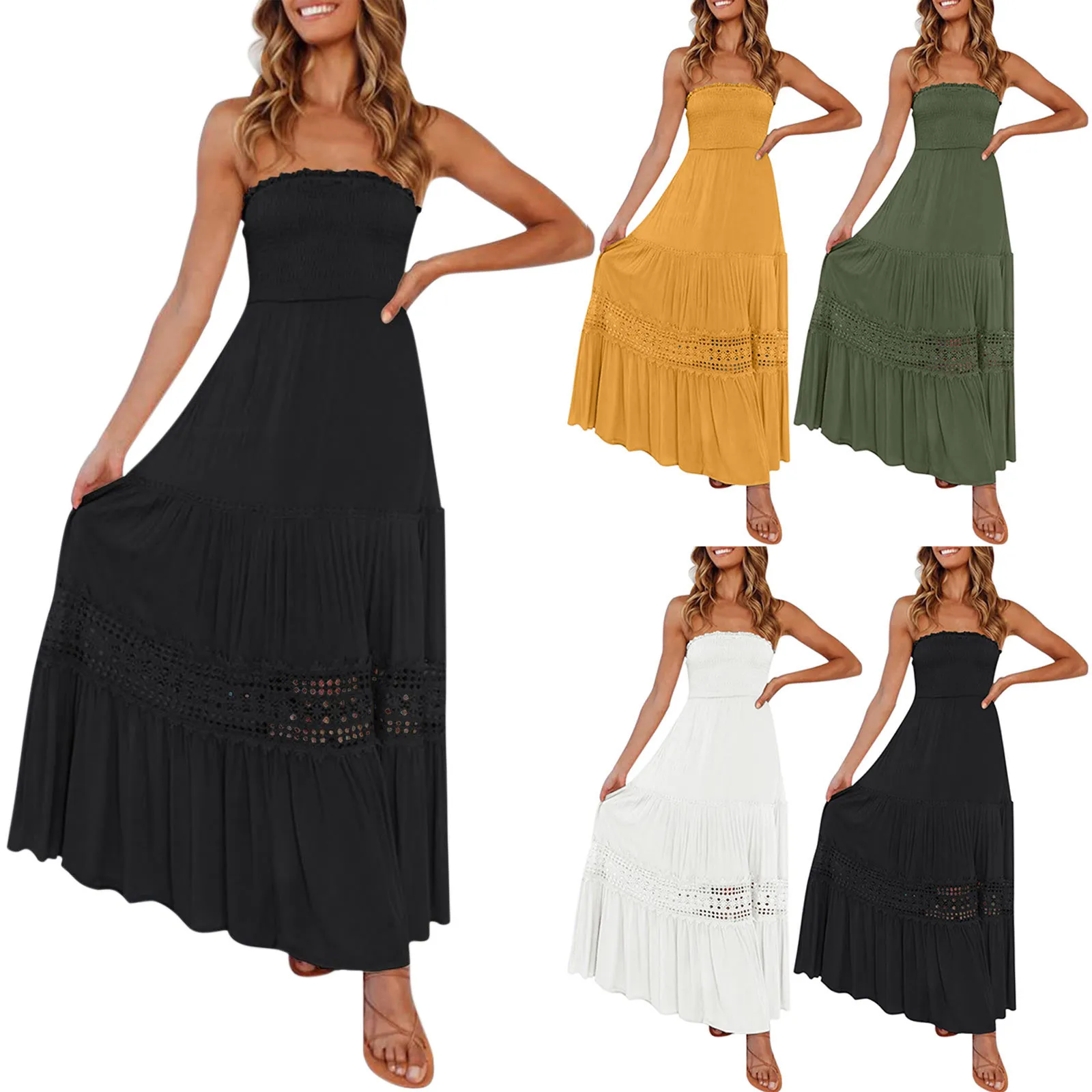 

Dress For Women Summer Lace Trim Backless Flow A Line Beach Long Fashion Maxi Slash Neck Dresses Long Sleeve Body Sundress