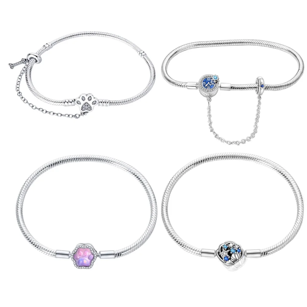 Fmrose 925 Sterling Silber Haustier-Katzenpfoten, blaues Ozean-Schlangenketten-Armband, passend für Charm-DIY-Schmuck, Geschenk für Frauen, romantisch, 17–20 cm – Detail 4