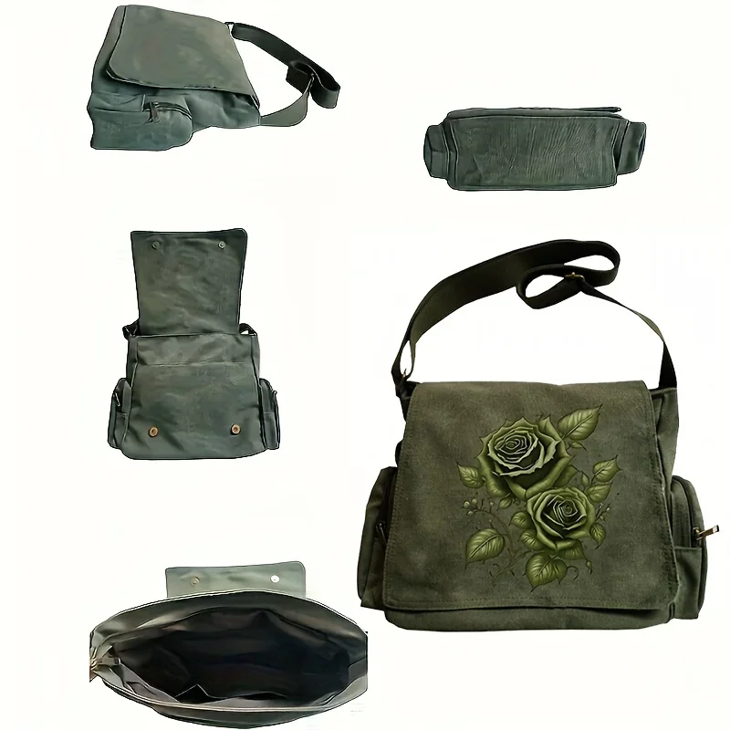 Rose Print Women's Messenger Bag Large Capacity Crossbody Bag Vintage Multiple Pockets Shoulder Bag Daily Commuting