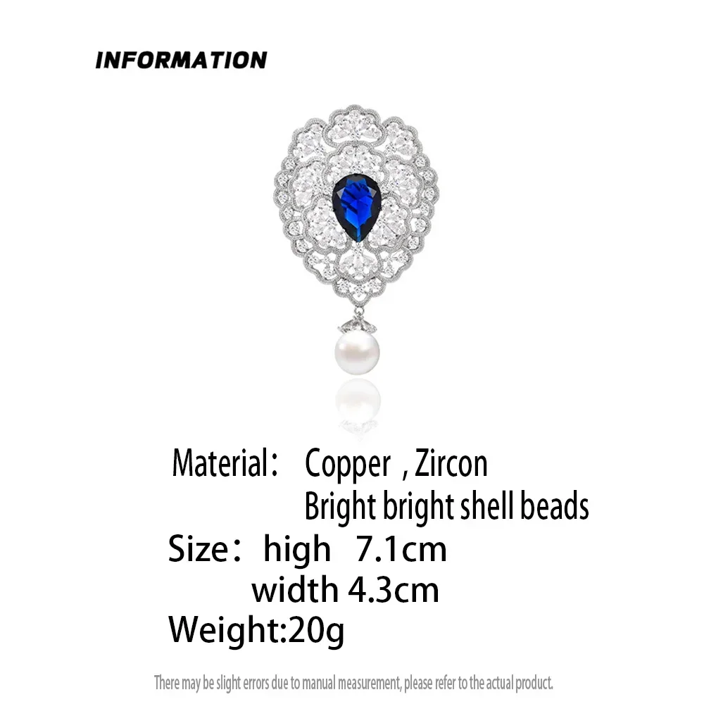 Luxurious Palace Style Blue Crystal Zircon Brooch Elegant Pearl Pendant Brooches for Women Scarf Coat Pins Wholesale Jewelry