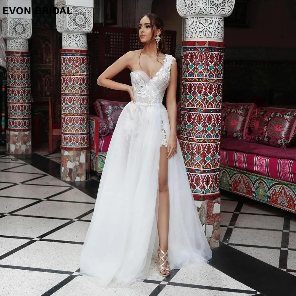 

EVON Свадебные простые на одно плечо с высоким разрезом Свадебные платья для женщин в пол с открытой спиной кружевные аппликации трапециевидные Выпускные платья