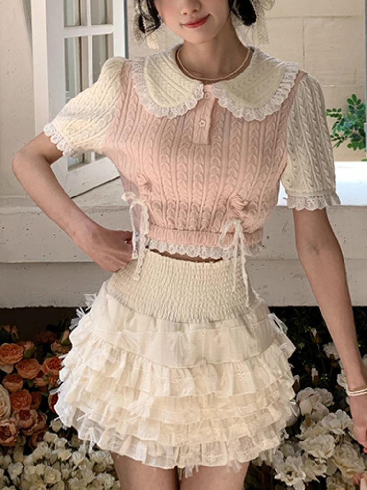 

Japanese Lolita Lace Two Piece Set Women Summer Bow Kawaii Sweet Mini Skirt Suit Female Pink Crop Tops ＋ Korean Cake Skirts 2023