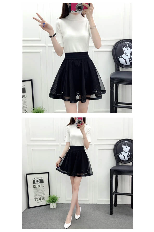 2021 New Spring Summer and Autumn Mesh Short Skirt Elastic Waist Versatile Pengpeng Skirt A-line High Waist Lace Lady Girl Black leather skirt