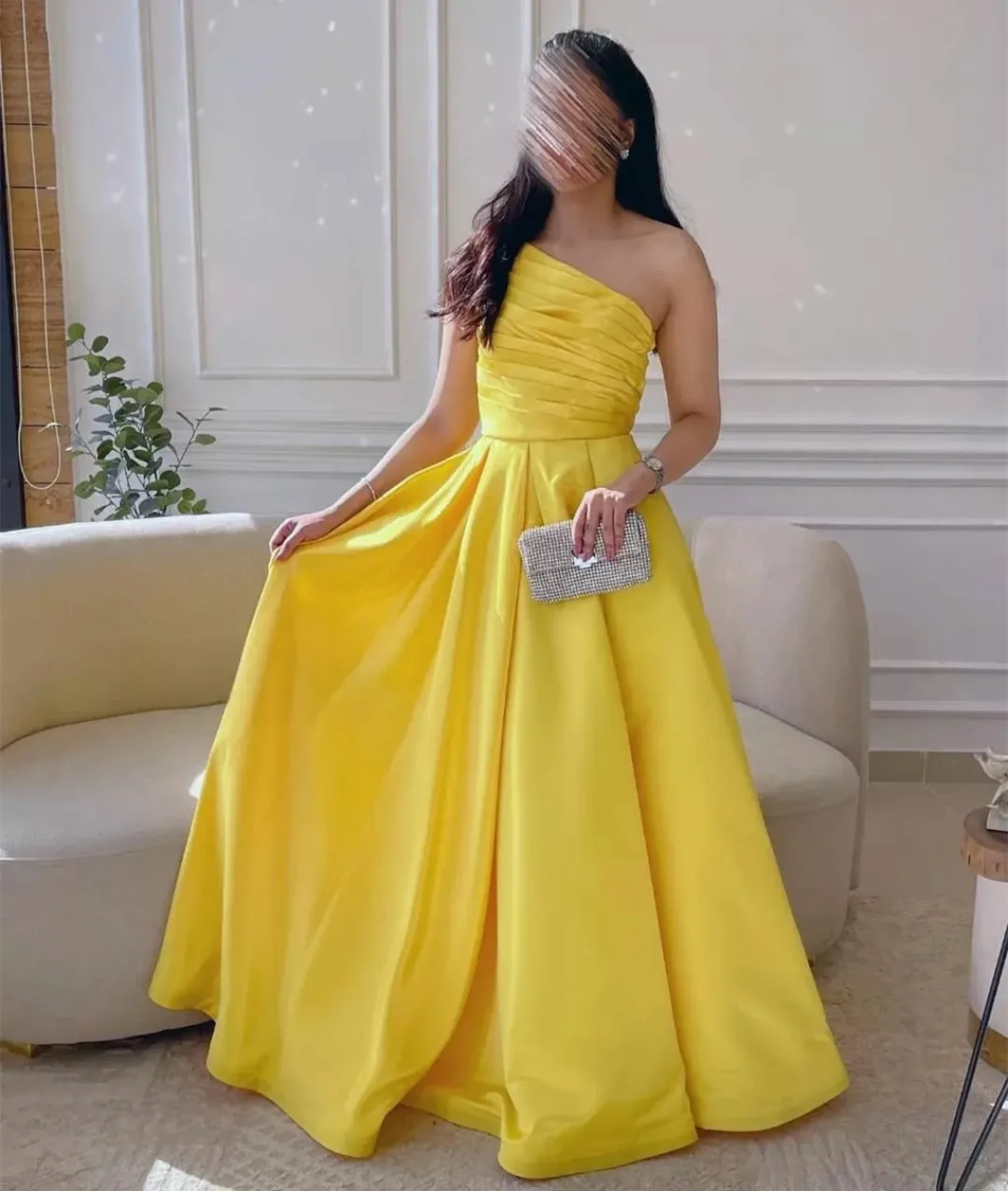 

Elegant Long Satin Pleated Evening Dresses With Pockets A-Line One Shoulder Floor Length فساتين السهرة for Women