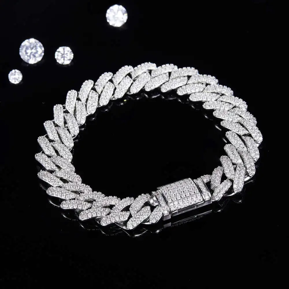 

925 Sterling Silver Jewelry Luxury Design Moissanite Tennis Chain Bracelet 14mm d Color Vvs1 Moissanite Cuban