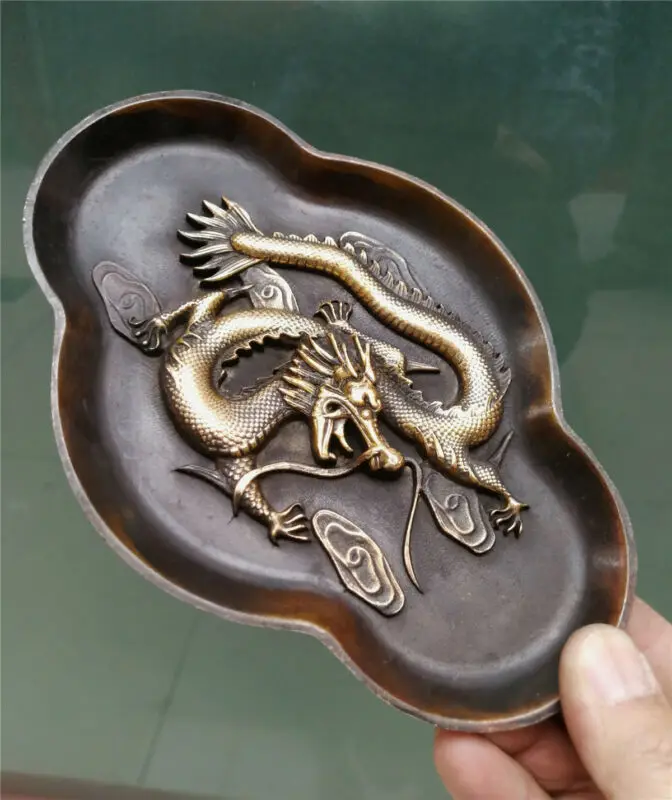 

Collectables! Dynasty Old Chinese dragon tray Bronze mirror salver Statue