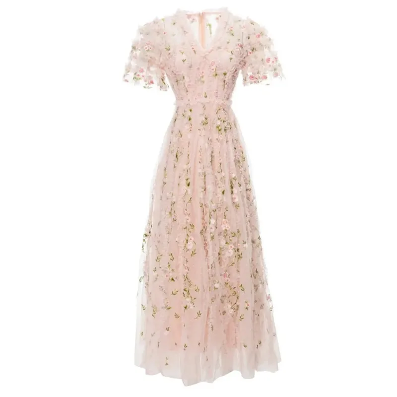 

Dresses For Women 2023 Runway Luxury Brand Elegant Summer Pink Mesh Short Sleeve Flowers Embroidery Holiday Party Long Dress