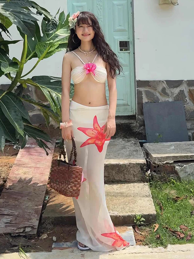 Nibber Beach Party 2-Piece Set Women Halter 3d Flowers Folds Bra+Flower Print Mesh Lace-Up Skirts Matching Summer Trend Suit