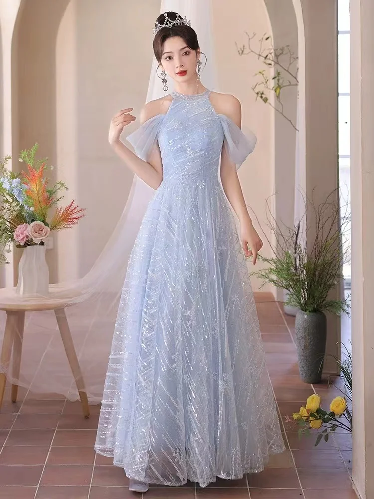 

Women Floor-Length Dresses Sky Blue Sequined Waisted Wedding Party Dress Elegant Halter Off-Shoulder Sleeveless Sexy Ball Dress