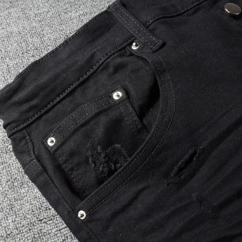 Street Fashion Men Jeans Black Stretch Skinny Fit Elastic Ripped Jeans Men Leather Patched Designer Hip Hop Brand Pants Hombre