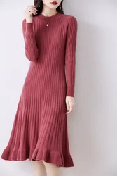 100% Merino Wool Long Sweater Autumn Women's New Knee-Length Dress Round Neck Pleated Solid Color Commuting