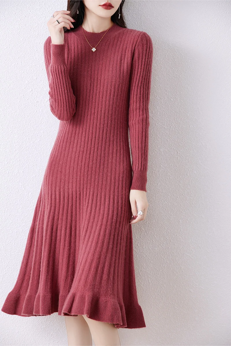 Round-Neck Long Sleeves Wool Dress