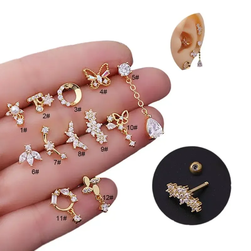 Brincos Piercing em Aço Inoxidável para Mulheres, Punho de Orelha para Adolescentes, Joias da Moda, Zircão, Borboleta, Flor, 16G, 1 Par