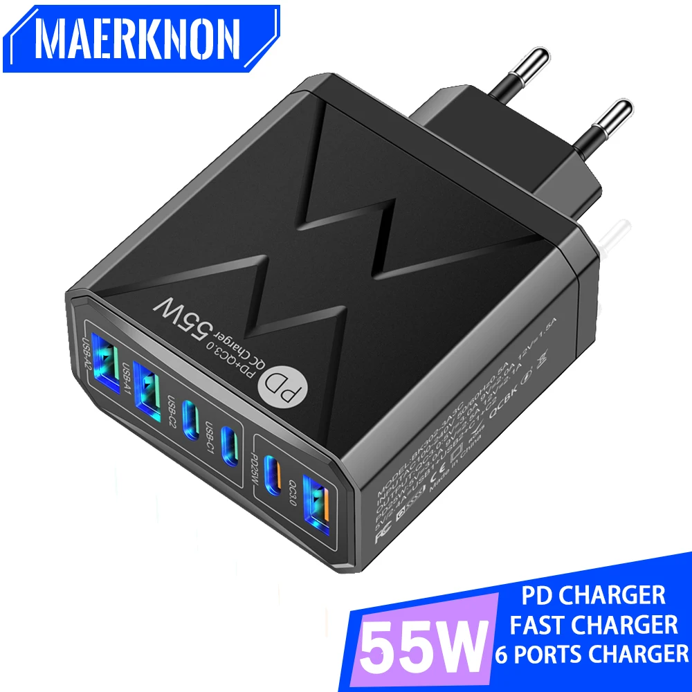 

USB 6 Ports 55W Quick Charger 3.0 Type C Charger Fast Charging Portable Phone Adapter For iPhone Xiaomi Samsung Huawei Oneplus
