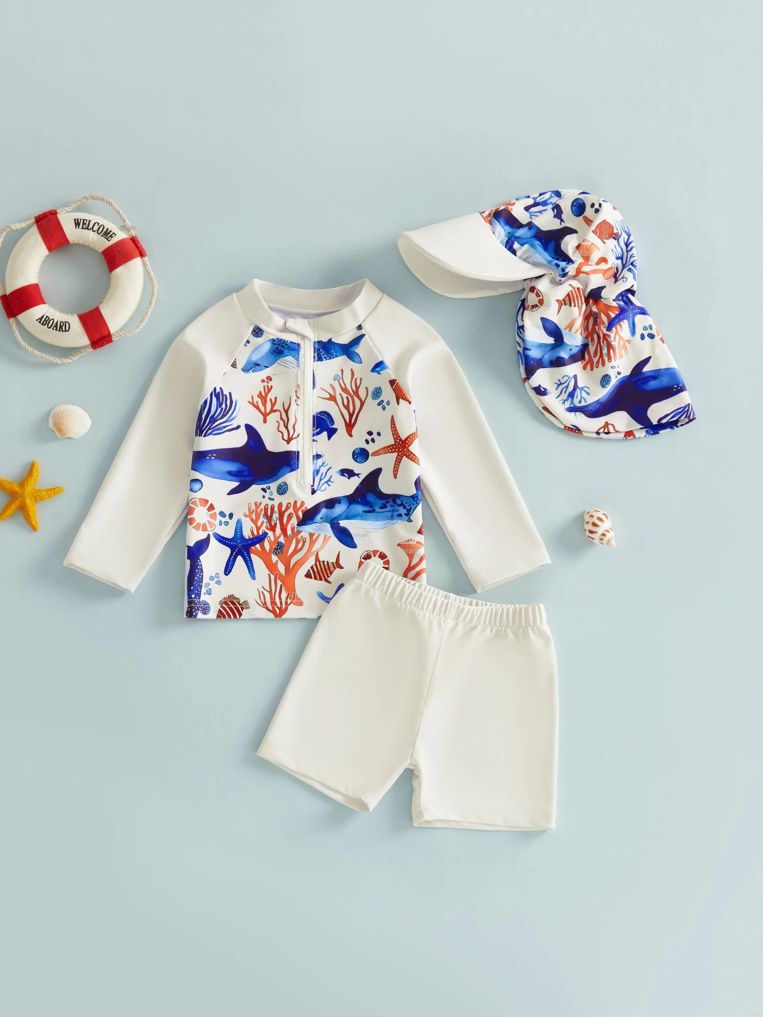 3Pcs Baby Boys Girls Swimsuit Set Shark Print Stand Collar Long Sleeve Tops Shorts and Hat Rash Guard Swimwear Beachwear