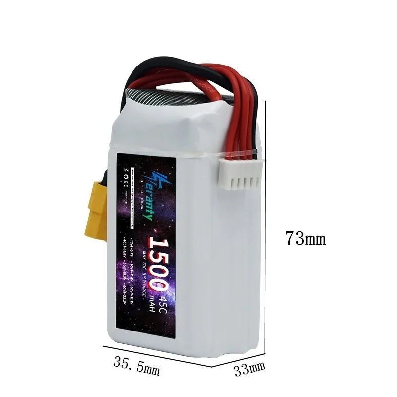 Gros plan sur les connecteurs XT30, XT60 et Deans de la batterie LiPo 14.8V pour drone RC