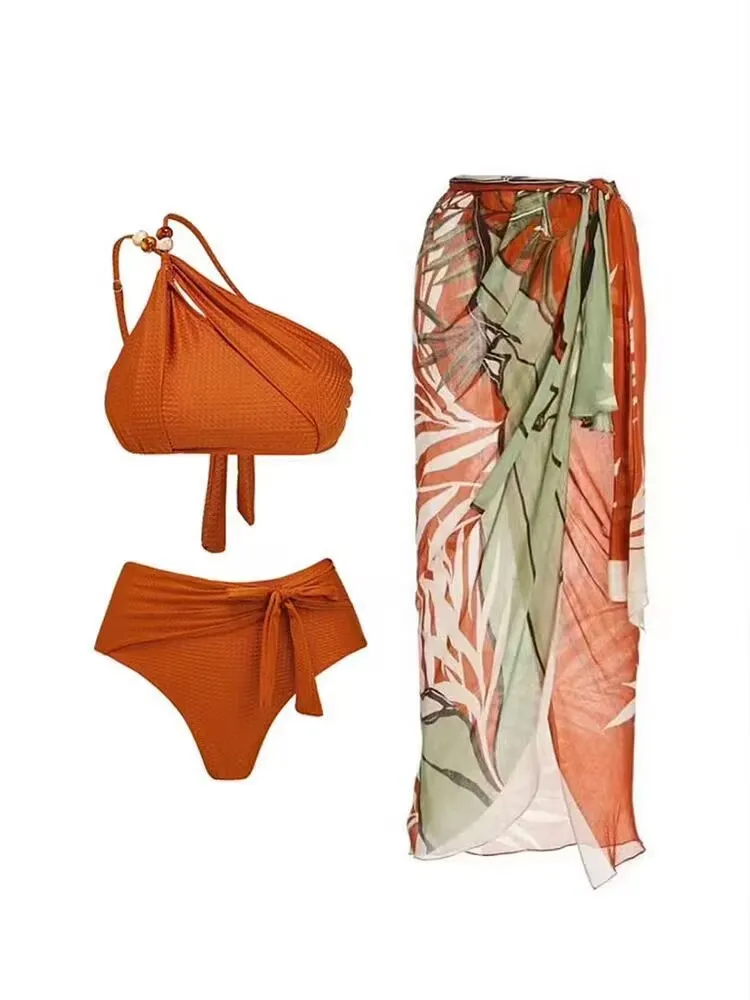 Hollow Out Bikini Swimsuit for Female, Gauze Skirt, French Holiday Style, 3-Piece, New,  Europe and the United States