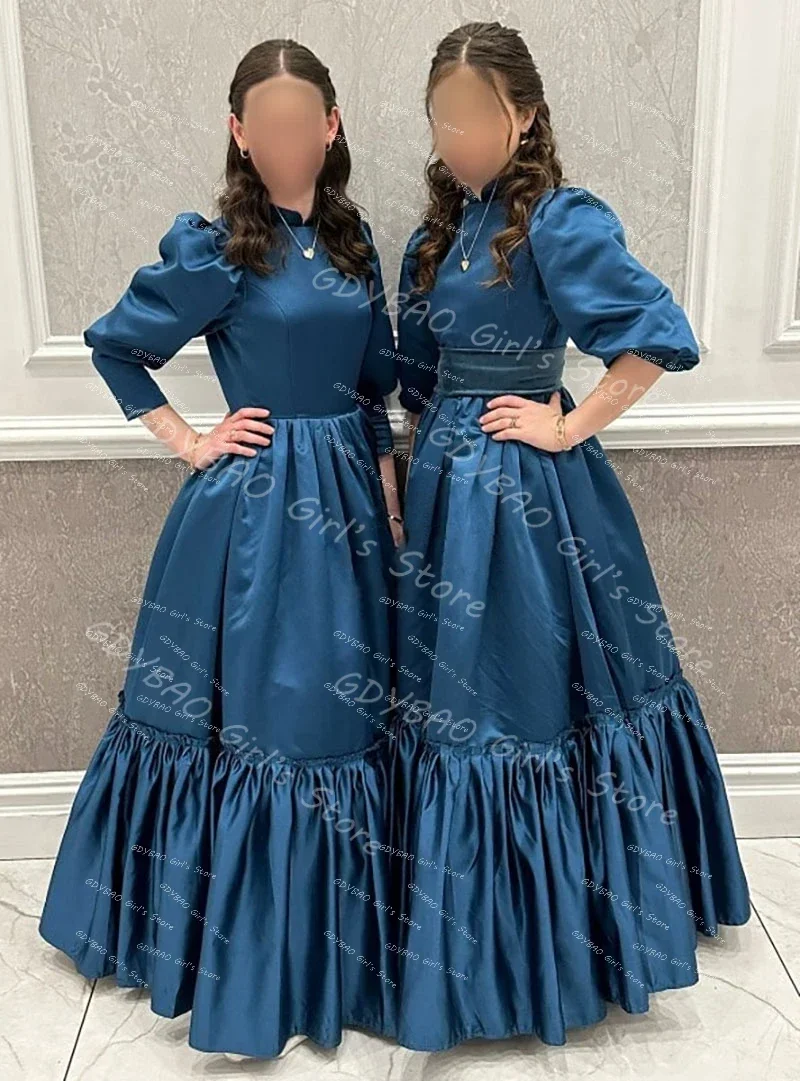 A-line Girls Gowns High Neck 3/4 Sleeve Bridesmaid Dresses for Wedding Teens Pleated Satin Formal Long Dress
