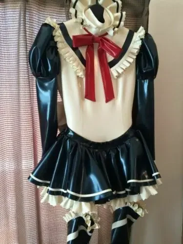 Latex Kleid Rubber Club Gummi Dresses Cosplay Maid Maskerade Stocking s S-XXL Cosplay Costume Latex Lingerie Sexy Fetish Wear Women Bondage Lingerie