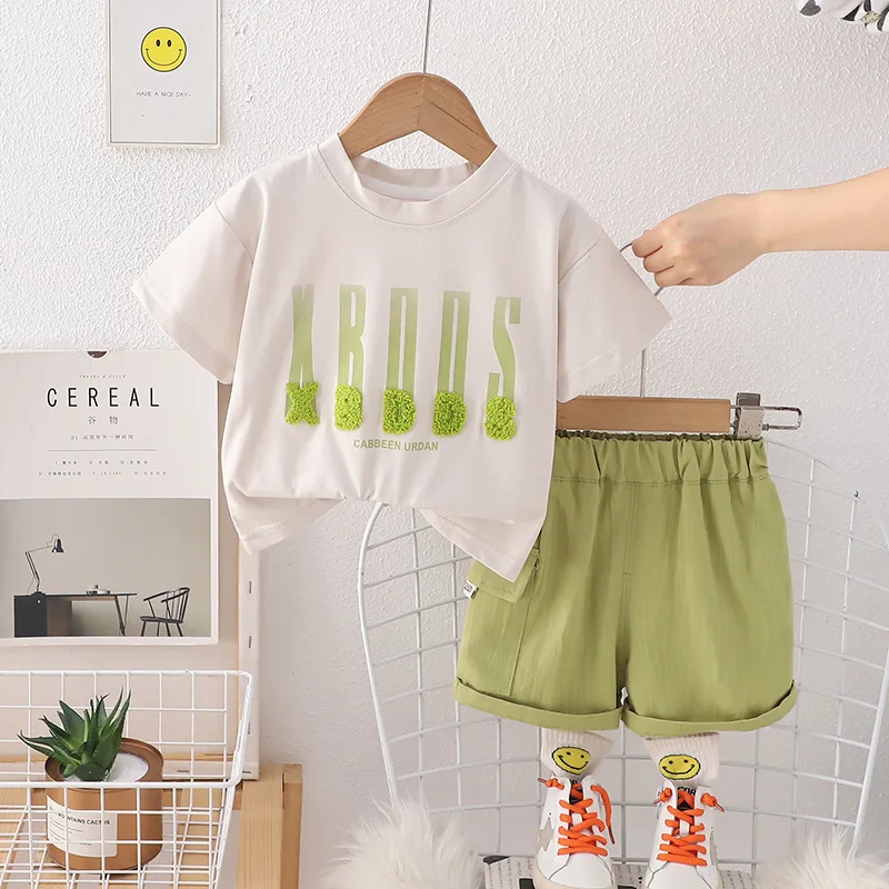

Kids Summer Short Sleeve Clothing New Handsome O-neck Children's Knitted Embroidered Letter T-shirt and Shorts Boutique Clothing