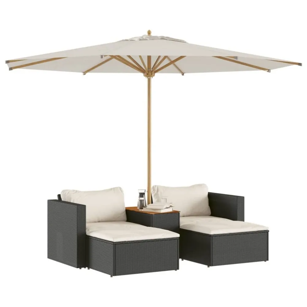 5 Piece Patio Sofa Set with Cushions Black Poly Rattan Acacia,PE Rattan, Powder-coated Steel, Garden Sofa Set 4