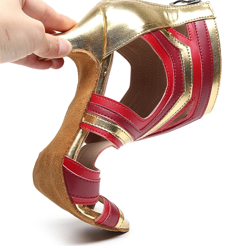 Ladies Open Toe Jazz Dance Shoes Woman Stilettos High Heels for Wedding  Party Girls Suede Leather Red and Gold Stitching