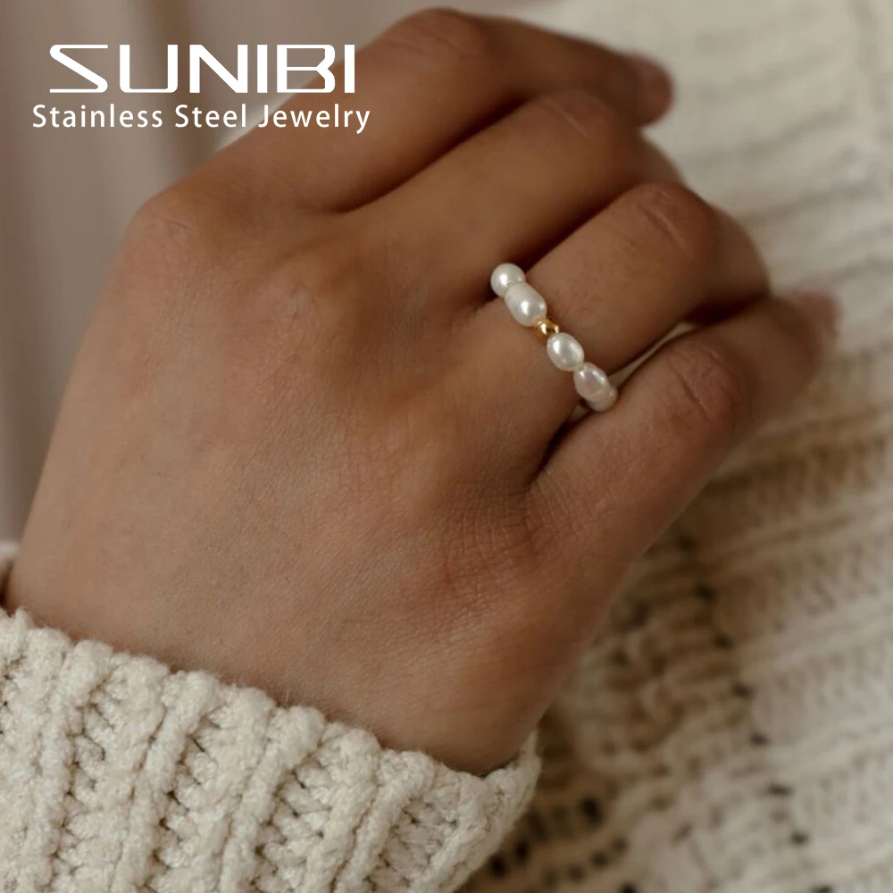 Crystal Rings Engagement Rings Fashion Rings Wedding Rings Stainless Steel Rings Finger Rings Fashion Ring Metal Rings Pearl Finger Ring SUNIBI Pearl Ring for Woman Korean Style Trendy Stainless Steel Bride Wedding Engagement Statement Jewelry Accessories