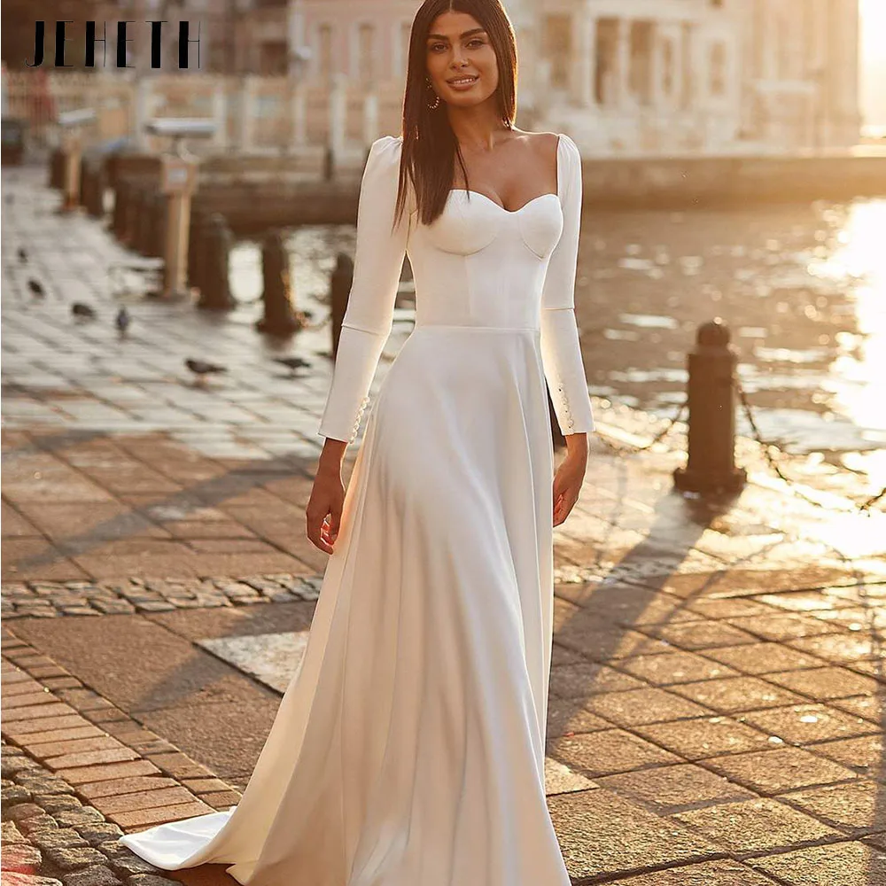 JEHETH Satin Wedding Dresses For Bride With Long Sleeves