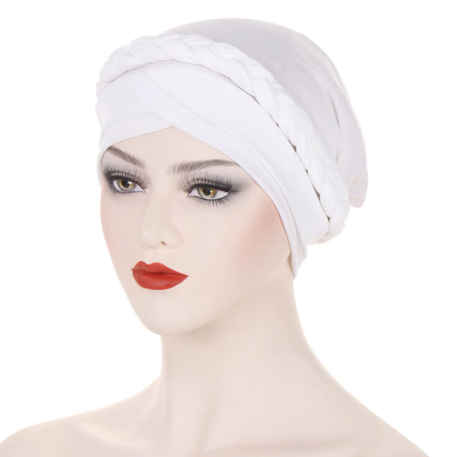 Solid Color Braided Turban Cap Forehead Cross Pre-tied Head Wrap Elastic Hijab Bonnet Women Chemo Hats